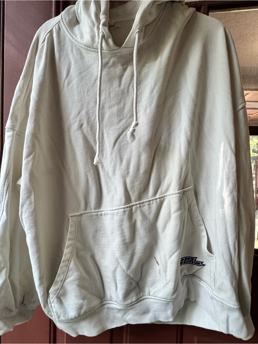 VINTAGE NO FEAR Cream Pullover Hoodie with Kangaroo Pocket. Has a few small spot